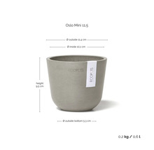 Grauer Ecopots Oslo Mini 11,5 Blumentopf: Außendurchmesser 11,4 Zentimeter, Höhe 9,5 Zentimeter, Volumen 0,6 Liter, Gewicht 0,2 Kilogramm.