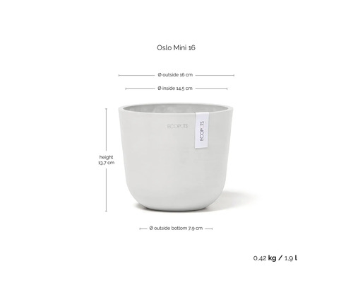 Pot de fleurs Ecopots Oslo Mini 16 avec une hauteur de 13,7 centimètres et un diamètre extérieur de 16 centimètres, volume 1,9 litre.