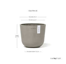 Pot de fleurs Ecopots Oslo Mini 16 : hauteur 13,7 centimètres, diamètre 16 centimètres, poids 0,42 kilogramme, volume 1,9 litre.