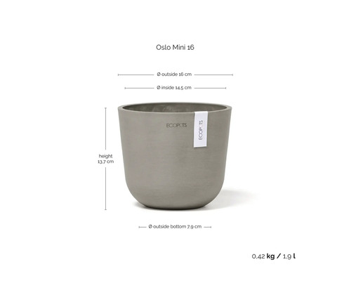 Pot de fleurs Ecopots Oslo Mini 16 : hauteur 13,7 centimètres, diamètre 16 centimètres, poids 0,42 kilogramme, volume 1,9 litre.
