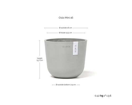 Grauer Ecopots Blumentopf Oslo Mini 16 aus recyceltem Kunststoff, Höhe 13,7 Zentimeter, Außendurchmesser 16 Zentimeter, Volumen 1,9 Liter.