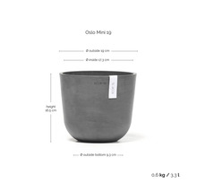 Pot de fleurs gris Ecopots Oslo Mini 19: diamètre 19 centimètres, hauteur 16,5 centimètres, poids 0,6 kilogramme, volume 3,3 litres.