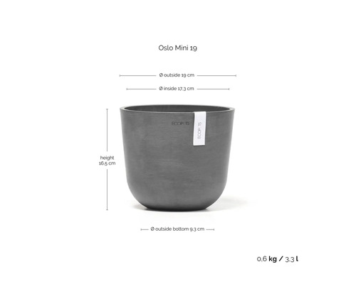 Pot de fleurs gris Ecopots Oslo Mini 19: diamètre 19 centimètres, hauteur 16,5 centimètres, poids 0,6 kilogramme, volume 3,3 litres.