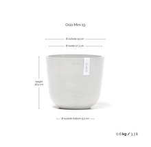 Pot Ecopots Oslo Mini 19: diamètre extérieur 19 centimètres, diamètre intérieur 17,3 centimètres, hauteur 16,5 centimètres, volume 3,3 litres.