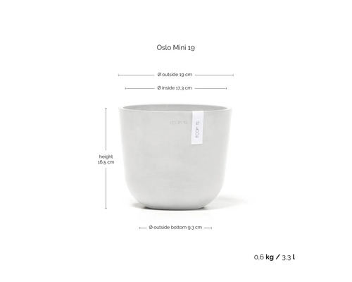 Pot Ecopots Oslo Mini 19: diamètre extérieur 19 centimètres, diamètre intérieur 17,3 centimètres, hauteur 16,5 centimètres, volume 3,3 litres.
