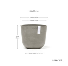 Ecopots Oslo Mini 19 Pflanzgefäß mit Maßen: Außendurchmesser 19 Zentimeter, Innendurchmesser 17,3 Zentimeter, Höhe 16,5 Zentimeter, Volumen 3,3 Liter.
