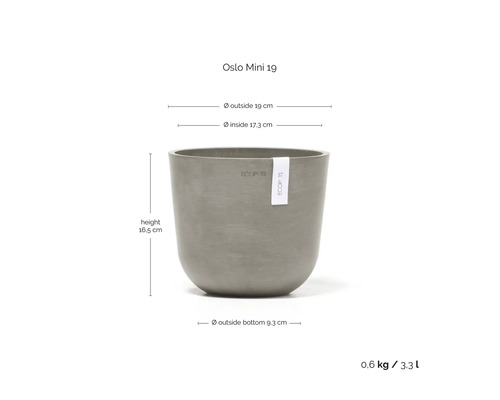 Ecopots Oslo Mini 19 Pflanzgefäß mit Maßen: Außendurchmesser 19 Zentimeter, Innendurchmesser 17,3 Zentimeter, Höhe 16,5 Zentimeter, Volumen 3,3 Liter.