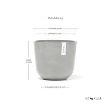 ECOPOTS Blumentopf Oslo Mini 19: Höhe 16,5 Zentimeter, Außendurchmesser 19 Zentimeter, Gewicht 0,6 Kilogramm, Volumen 3,3 Liter.