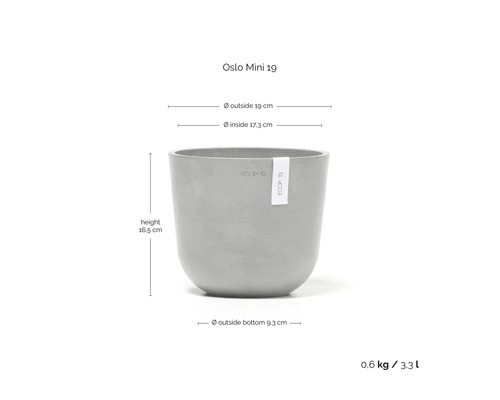 ECOPOTS Blumentopf Oslo Mini 19: Höhe 16,5 Zentimeter, Außendurchmesser 19 Zentimeter, Gewicht 0,6 Kilogramm, Volumen 3,3 Liter.