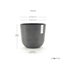 Pot de fleurs Ecopots Oslo 25 avec dimensions: hauteur 21,8 centimètres, diamètre extérieur 25 centimètres, volume 7,7 litres.