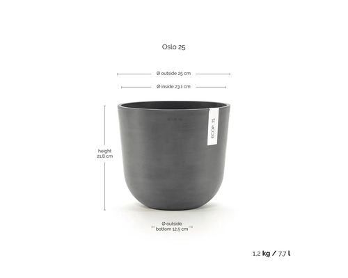 Pot de fleurs Ecopots Oslo 25 avec dimensions: hauteur 21,8 centimètres, diamètre extérieur 25 centimètres, volume 7,7 litres.