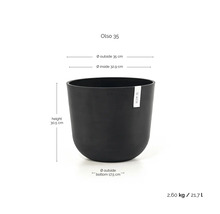 Ecopots Pflanzgefäß Oslo 35 mit Ecopots Logo und Maßangaben: Höhe 30,5 Zentimeter, Außendurchmesser 35 Zentimeter, Volumen 21,7 Liter.