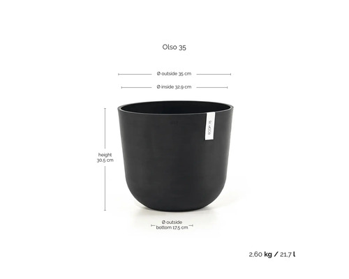 Ecopots Pflanzgefäß Oslo 35 mit Ecopots Logo und Maßangaben: Höhe 30,5 Zentimeter, Außendurchmesser 35 Zentimeter, Volumen 21,7 Liter.