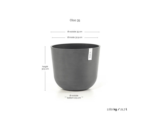 Pflanzkübel Ecopots Olso 35: Höhe 30,5 Zentimeter, Außendurchmesser 35 Zentimeter, Innendurchmesser 32,9 Zentimeter, Volumen 21,7 Liter.