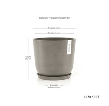 Pot de fleurs ECOPOTS Oslo 25 gris avec soucoupe et réservoir d'eau, hauteur 21,4 centimètres, diamètre 25 centimètres, volume 7,7 litres.