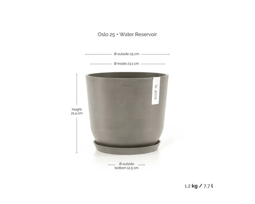 Pot de fleurs ECOPOTS Oslo 25 gris avec soucoupe et réservoir d'eau, hauteur 21,4 centimètres, diamètre 25 centimètres, volume 7,7 litres.