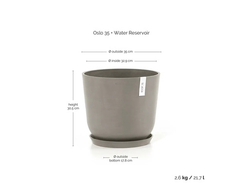 Grauer Ecopots Oslo 35 Pflanzkübel mit Wasserspeicher, Außendurchmesser 35 Zentimeter, Höhe 30,5 Zentimeter, Volumen 21,7 Liter.