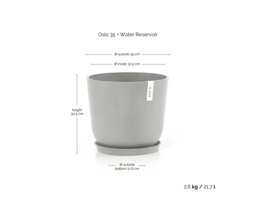 Ecopots Blumentopf Oslo 35 mit Untersetzer, Wasserreservoir. Höhe 30,5 Zentimeter, Außendurchmesser 35 Zentimeter, Volumen 21,7 Liter.