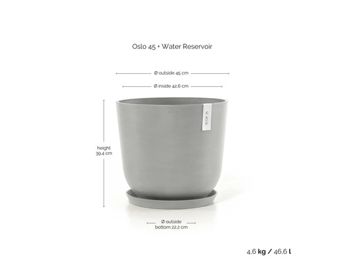 Grauer Blumentopf Oslo 45 mit Wasserreservoir, Maße: Höhe 39,4 Zentimeter, Außendurchmesser 45 Zentimeter, Volumen 46,6 Liter.