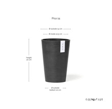 Blumentopf Ecopots Pisa 14 mit Maßen: Höhe 20 Zentimeter, Außendurchmesser 14 Zentimeter, Innendurchmesser 12,5 Zentimeter, Volumen 1,9 Liter.