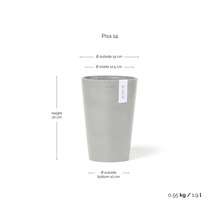 Ecopots Blumentopf Pisa 14 in Grau mit Abmessungen: Höhe 20 Zentimeter, Außendurchmesser 14 Zentimeter, Volumen 1,9 Liter, Gewicht 0,55 Kilogramm.