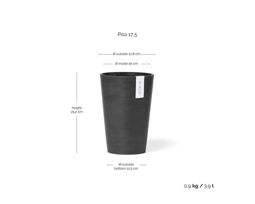 Blumentopf Ecopots Pisa 17,5: Höhe 25,2 Zentimeter, Außendurchmesser oben 17,8 Zentimeter, unten 12,5 Zentimeter, Volumen 3,9 Liter.