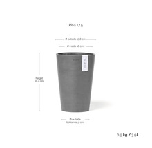 Ecopots Pisa 17,5 Pflanzgefäß: Höhe 25,2 Zentimeter, Durchmesser oben 17,8 Zentimeter, innen 16 Zentimeter, unten 12,5 Zentimeter.