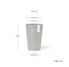 Ecopots Pisa 17,5: hauteur 25,2 centimètres, extérieur 17,8 centimètres, intérieur 16 centimètres, fond 12,5 centimètres, volume 3,9 litres.