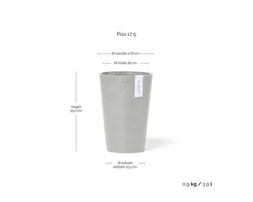 Ecopots Pisa 17,5: hauteur 25,2 centimètres, extérieur 17,8 centimètres, intérieur 16 centimètres, fond 12,5 centimètres, volume 3,9 litres.