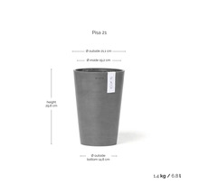 Ecopots Pisa 21 Blumentopf: Höhe 29,8 Zentimeter, Außendurchmesser oben 21,1 Zentimeter, Gewicht 1,4 Kilogramm, Volumen 6,8 Liter.
