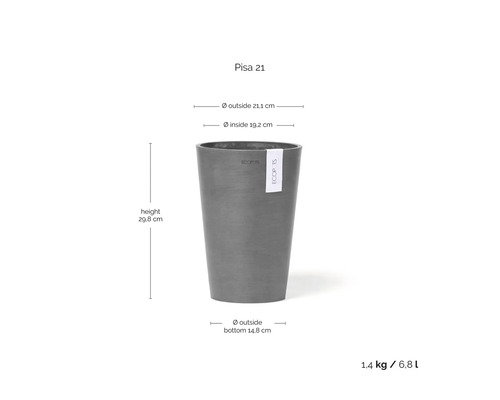 Ecopots Pisa 21 Blumentopf: Höhe 29,8 Zentimeter, Außendurchmesser oben 21,1 Zentimeter, Gewicht 1,4 Kilogramm, Volumen 6,8 Liter.