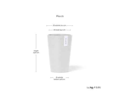 Cache-pot Ecopots Pisa 21 : hauteur 29,8 centimètres, diamètre extérieur 21,1 centimètres, volume 6,8 litres, poids 1,4 kilogramme.