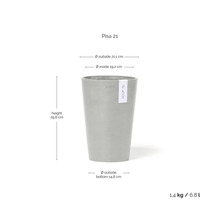 Ecopots Pisa 21 Blumentopf: Höhe 29,8 Zentimeter, Außendurchmesser 21,1 Zentimeter, Volumen 6,8 Liter.