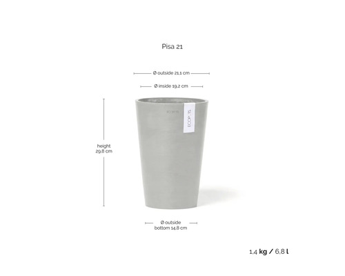 Ecopots Pisa 21 Blumentopf: Höhe 29,8 Zentimeter, Außendurchmesser 21,1 Zentimeter, Volumen 6,8 Liter.