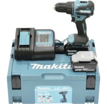 Ensemble de perceuse-visseuse sans fil Makita avec chargeur, deux batteries et lampe dans une mallette à outils