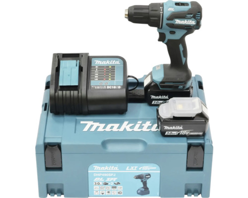 Ensemble de perceuse-visseuse sans fil Makita avec chargeur, deux batteries et lampe dans une mallette à outils