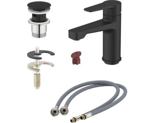 Armatur, Ablaufgarnitur, Montagewerkzeug und flexible Anschlussschläuche für ein Waschbecken
