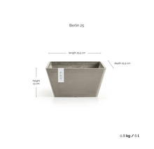 Ecopots Berlin 25 Pflanzkasten mit den Maßen 25,5 mal 25,5 mal 13 Zentimeter, Volumen 6 Liter und Gewicht 0,8 Kilogramm.