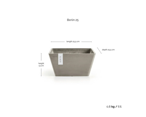 Ecopots Berlin 25 Pflanzkasten mit den Maßen 25,5 mal 25,5 mal 13 Zentimeter, Volumen 6 Liter und Gewicht 0,8 Kilogramm.