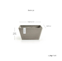 Jardinière Ecopots Berlin 30 avec les dimensions longueur 31,2 centimètres, profondeur 31,2 centimètres, hauteur 15,7 centimètres et 10 litres.