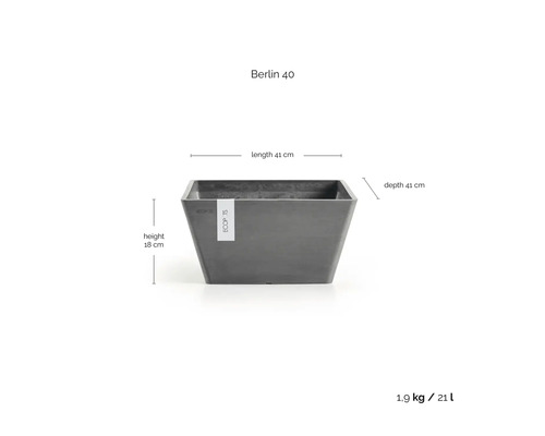 Jardinière Ecopots Berlin 40, 41 centimètres longueur et profondeur, 18 centimètres hauteur, volume 21 litres, poids 1,9 kilogramme.