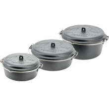 Trois marmites hollandaises Petromax en fonte avec couvercle et poignée de transport