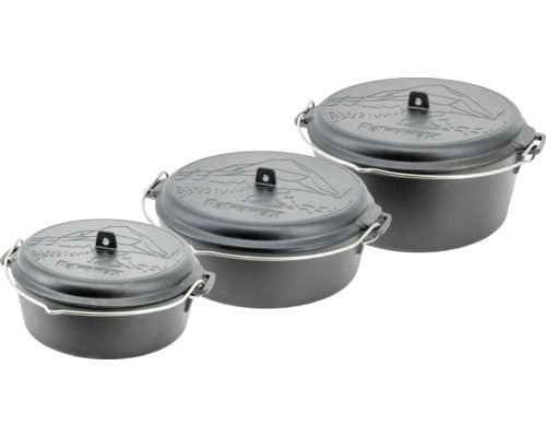 Trois marmites hollandaises Petromax en fonte avec couvercle et poignée de transport