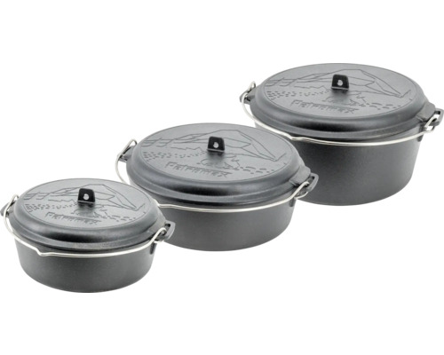 Trois fours hollandais Petromax en fonte avec couvercle et anse de transport