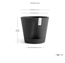 Ecopots Venice 2 20 Blumentopf mit Ecopots Logo: Höhe 17,7 Zentimeter, Außendurchmesser 20,1 Zentimeter, Volumen 4 Liter, Gewicht 1 Kilogramm.