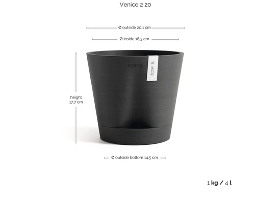 Ecopots Venice 2 20 Blumentopf mit Ecopots Logo: Höhe 17,7 Zentimeter, Außendurchmesser 20,1 Zentimeter, Volumen 4 Liter, Gewicht 1 Kilogramm.