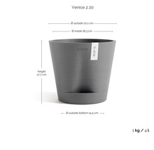 Ecopots Venice 2 20 Blumentopf mit Ecopots Logo, Maße: Außen 20,1 Zentimeter, Innen 18,3, Höhe 17,7, Boden 14,5, Volumen 4 Liter.
