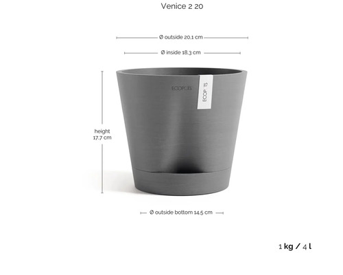 Ecopots Venice 2 20 Blumentopf mit Ecopots Logo, Maße: Außen 20,1 Zentimeter, Innen 18,3, Höhe 17,7, Boden 14,5, Volumen 4 Liter.