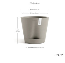 Pot Ecopots Venice 2 20 avec Ecopots Logo: hauteur 17,7 centimètres, diamètre haut 20,1 centimètres, bas 14,5 centimètres, 4 litres, 1 kilogramme.