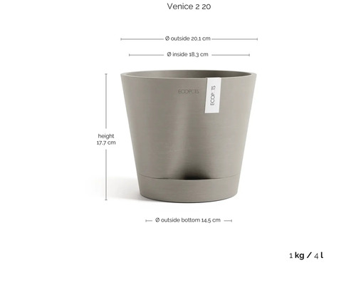 Pot Ecopots Venice 2 20 avec Ecopots Logo: hauteur 17,7 centimètres, diamètre haut 20,1 centimètres, bas 14,5 centimètres, 4 litres, 1 kilogramme.